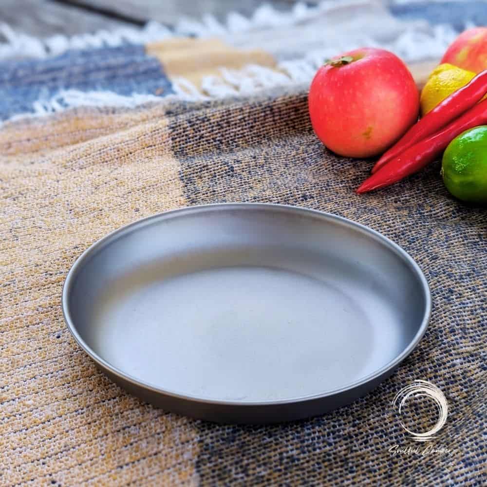 Titanium camping plate angled view on picnic rug