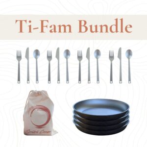 Soulful Camper Ti-Fam Bundle with four titanium plates and four sets of cutlery in a reusable canvas bag, designed for families and groups